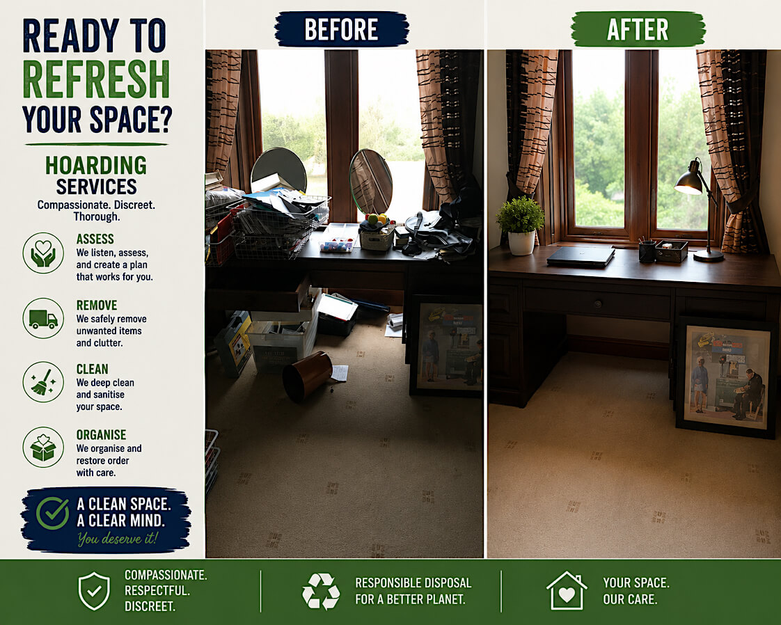 A cluttered home study before and after hoarding cleanup by Manchester Hoarding